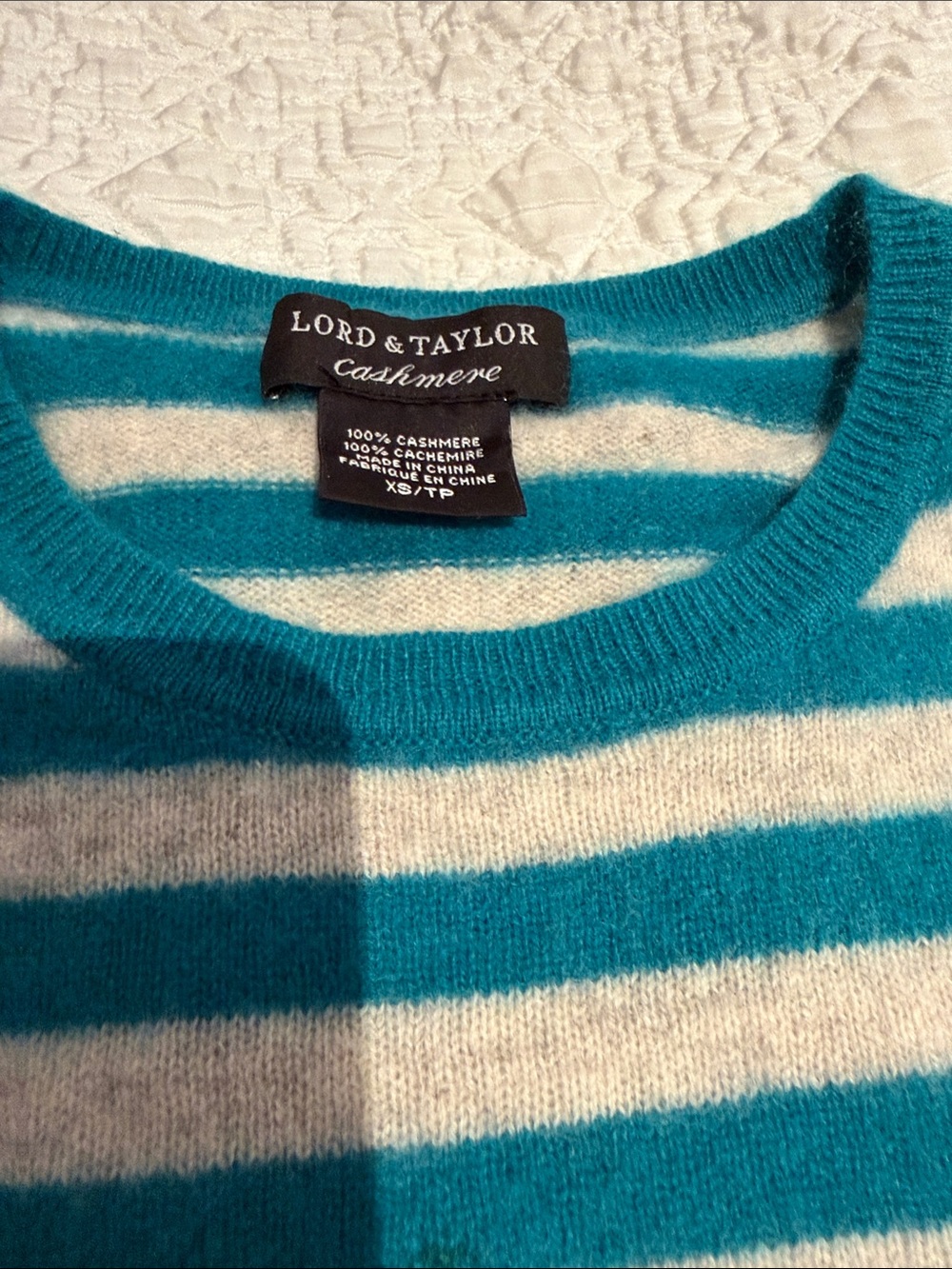 Lord & Taylor Teal and Grey Cashmere Striped Crewneck Sweater - Picture 2 of 5